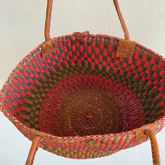 Jute Woven Colorful Rounded Bag Leather Straps Natural Grass Summer Beach - Picture 4 of 10